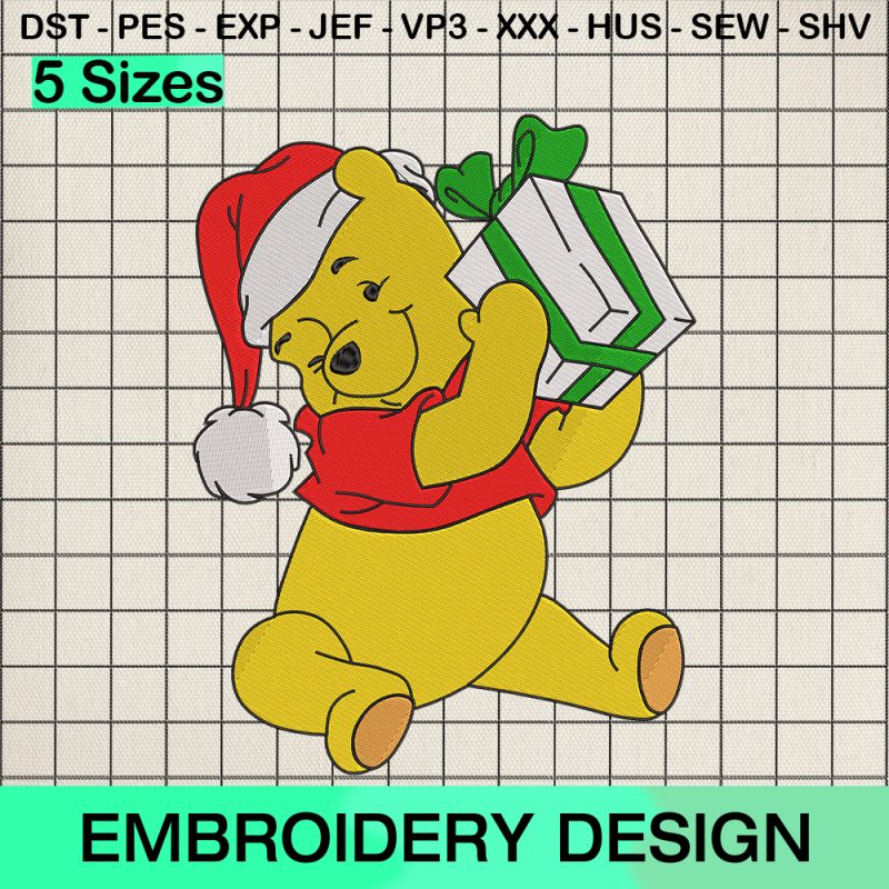 Pooh Open Christmas Presents Embroidery Design, Christmas Pooh Machine Embroidery Designs