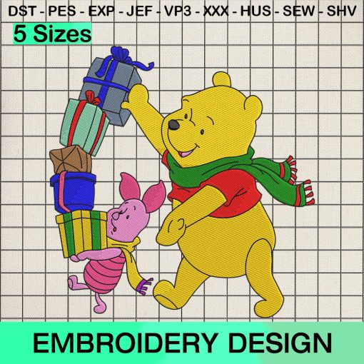 Winnie The Pooh Gives Gifts Christmas Embroidery Design, Disney Christmas Machine Embroidery Designs