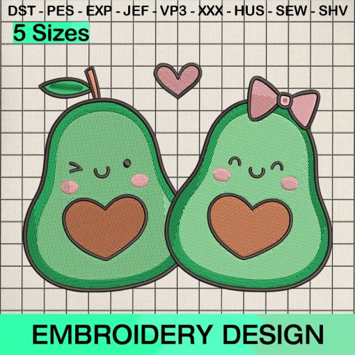 Avocado Couple Love Embroidery Design, Valentine Avocado Machine Embroidery Designs
