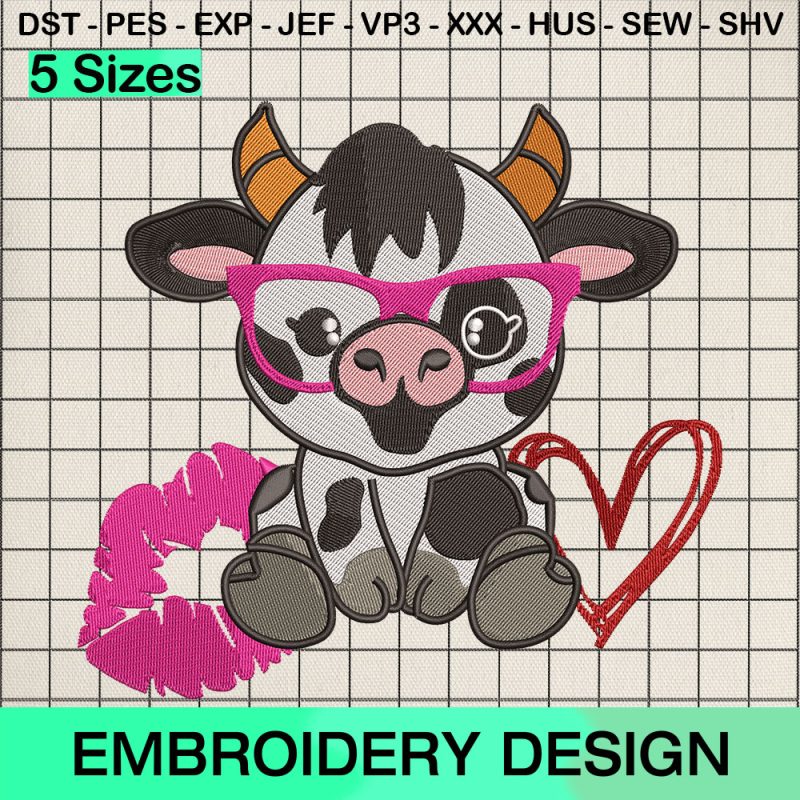 Baby Highland Cow Valentine Embroidery Design, Cute Cow Lip Heart Machine Embroidery Designs