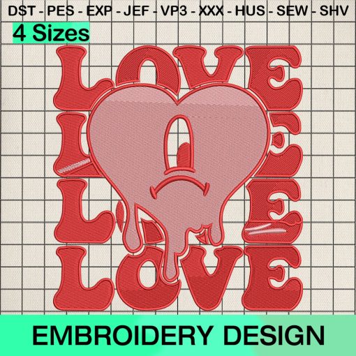 Bad Bunny Love Heart Valentine Embroidery Design, Valentine Baby Benito Machine Embroidery Designs