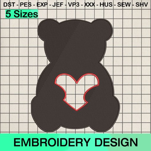 Bear Care Heart Valentine Embroidery Design, Valentine Beart Machine Embroidery Designs