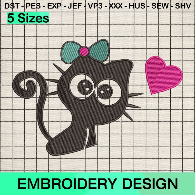 Black Cat Heart Valentine Embroidery Design, Cute Cat Lover Machine Embroidery Designs