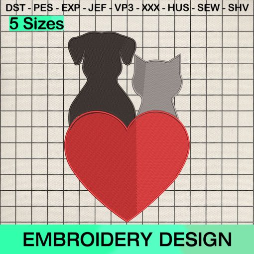 Cat And Dog Heart Valentine Embroidery Design, Valentine Animals Machine Embroidery Designs