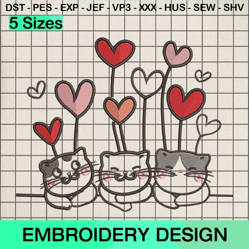 Cats Heart Valentines Embroidery Design, Animals Happy Valentine Day Machine Embroidery Designs