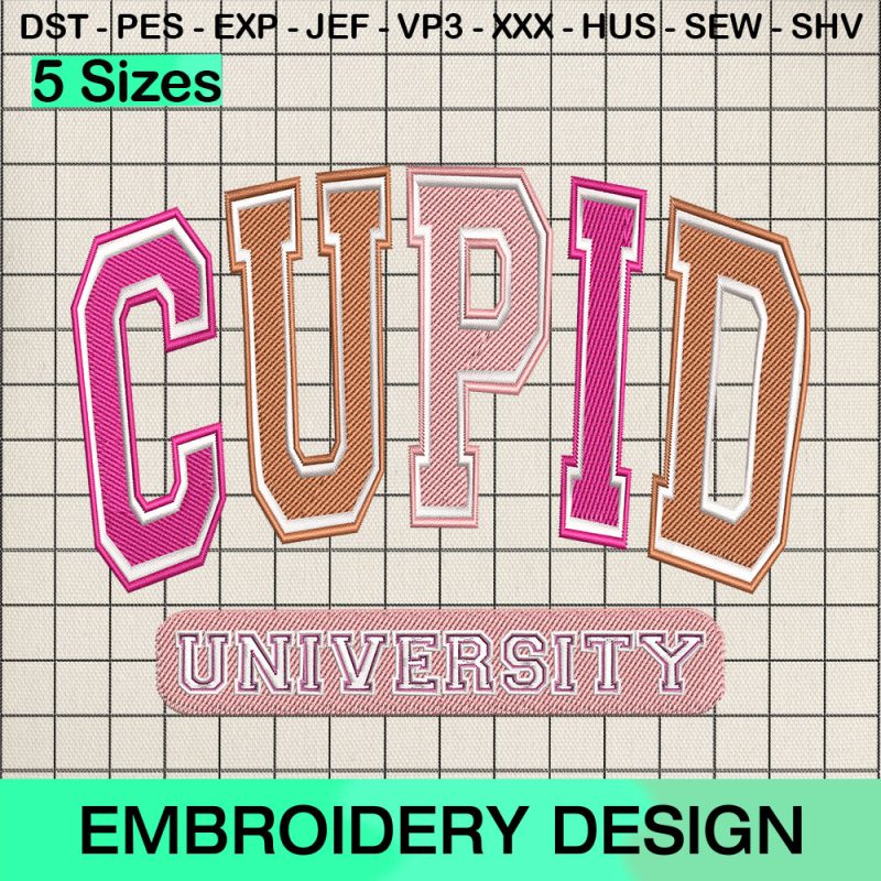 Cupid University Valentine's Day Embroidery Design, Retro University Valentines Day Machine Embroidery Designs