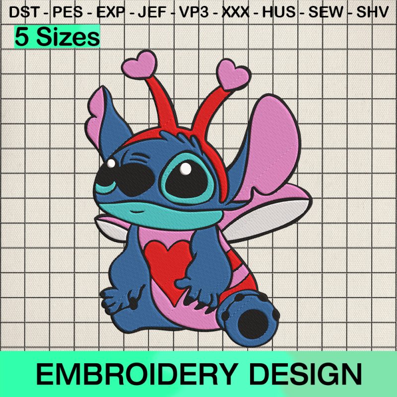 Disney Stitch Valentine's Day Embroidery Design, Stitch Love Bug Machine Embroidery Designs