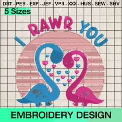 I Rawr You Embroidery Design, Dinosaur Hearts Valentine Machine Embroidery Designs