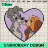 Lady and Tramp Valentine Embroidery Design, Disney Dog Love Couple Heart Machine Embroidery Designs