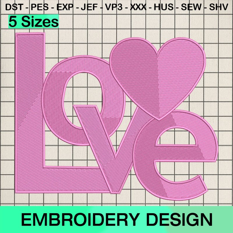Love Pink Valentine Embroidery Design, Love Heart Pink Machine Embroidery Designs