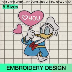Love You Donald Duck Embroidery Design, Disney Donald Valentine's Day Machine Embroidery Designs