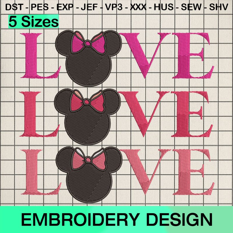 Mouse Ears Hearts Embroidery Design, Valentine's Day Mouse Love Machine Embroidery Designs