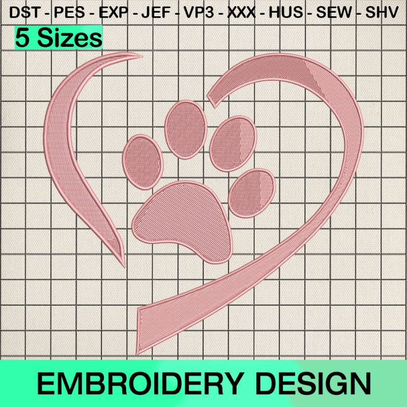 Paw Heart Pink Valentine Embroidery Design, Valentine Paw Machine Embroidery Designs