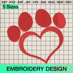 Paw Red Valentine's Day Embroidery Design, Valentine Dog Machine Embroidery Designs