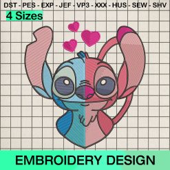 Stitch Angel Heart Valentine Embroidery Design, Disney Stitch Valentine's Day Machine Embroidery Designs