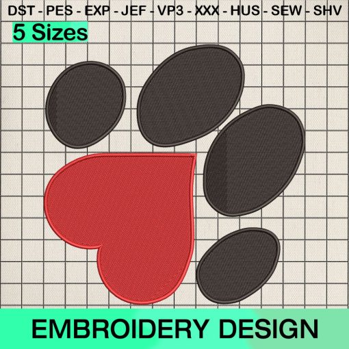 Valentine Dog Paw Embroidery Design, Valentine's Day Machine Embroidery Designs