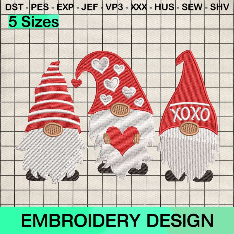 Valentines Gnomes Embroidery Design, Xoxo Gnomes Love Machine Embroidery Designs