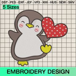 Valentines Penguin Embroidery Design, Cute Penguin Love Heart Machine Embroidery Designs