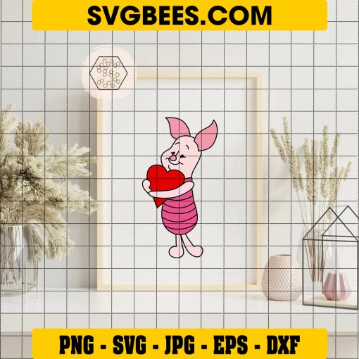 Winnie Piglet Heart SVG PNG, Valentine Piglet Disney SVG on Frame