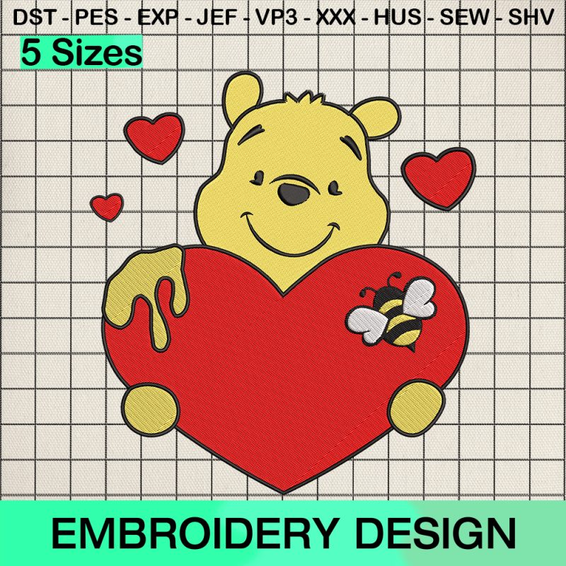 Winnie Pooh Valentine Embroidery Design, Winnie Pooh Bee Mine Machine Embroidery Designs