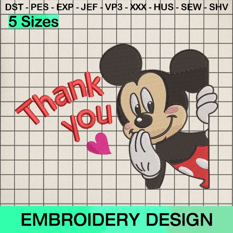 Disney Mickey Heart Thank You Embroidery Design, Valentine Day Mickey Machine Embroidery Designs