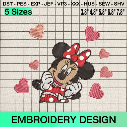 Disney Minnie Red Hearts Files Embroidery Design, Valentines Day Machine Embroidery Designs