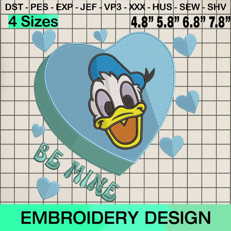 Donald Duck Heart Embroidery Design, Be Mine Valentine Machine Embroidery Designs