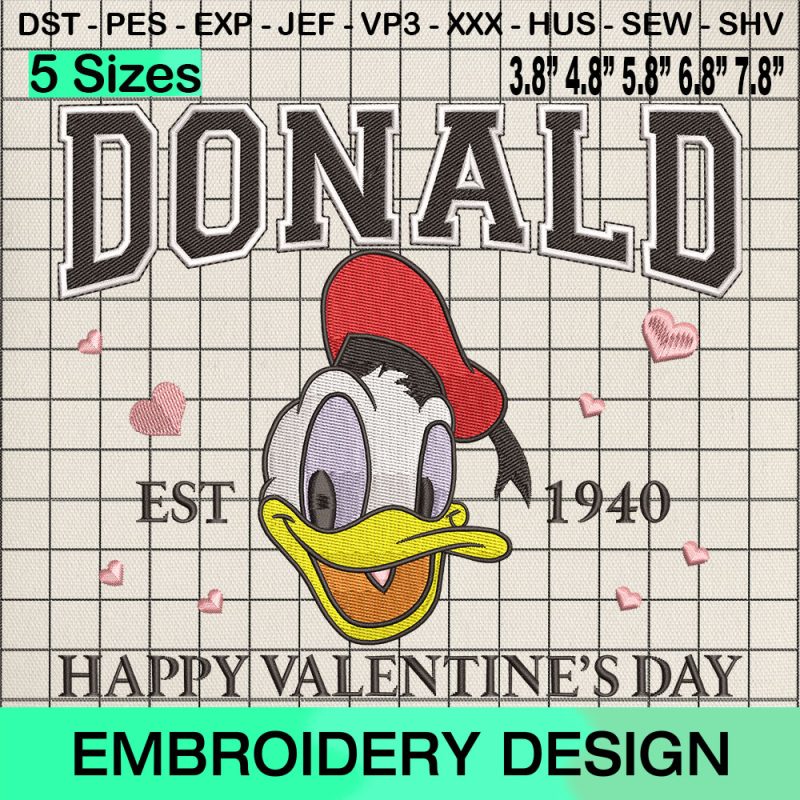 Donald Est 1940 Valentine's Day Embroidery Design, Disney Valentines Embroidery Designs
