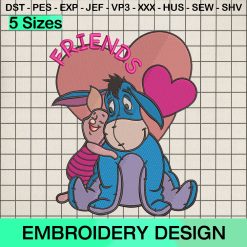 Eeyore and Piglet Valentine Embroidery Design, Friends Heart Love Machine Embroidery Designs