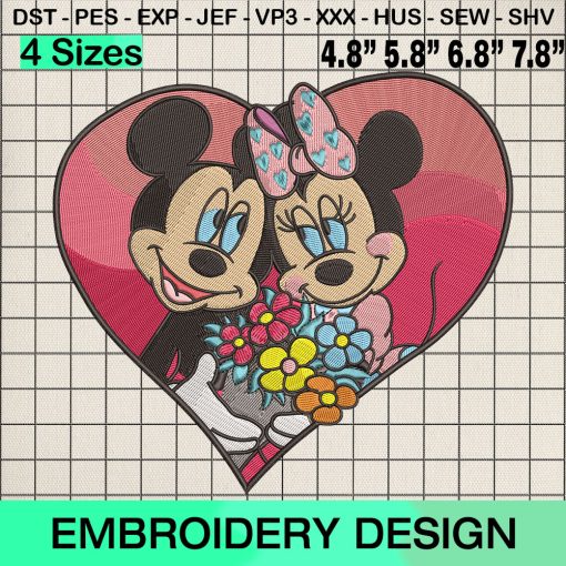 Groovy Mickey and Minnie Valentine Couple Embroidery Design, Valentine’s Day Embroidery Designs