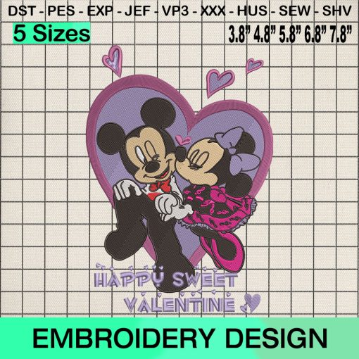 Happy Sweet Valentine Embroidery Design, Groom Mickey and Bride Minnie Machine Embroidery Designs