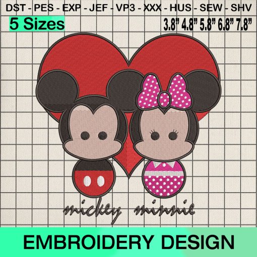 Love Chibi Mickey Minnie Embroidery Design, Happy Valentines Day Machine Embroidery Designs