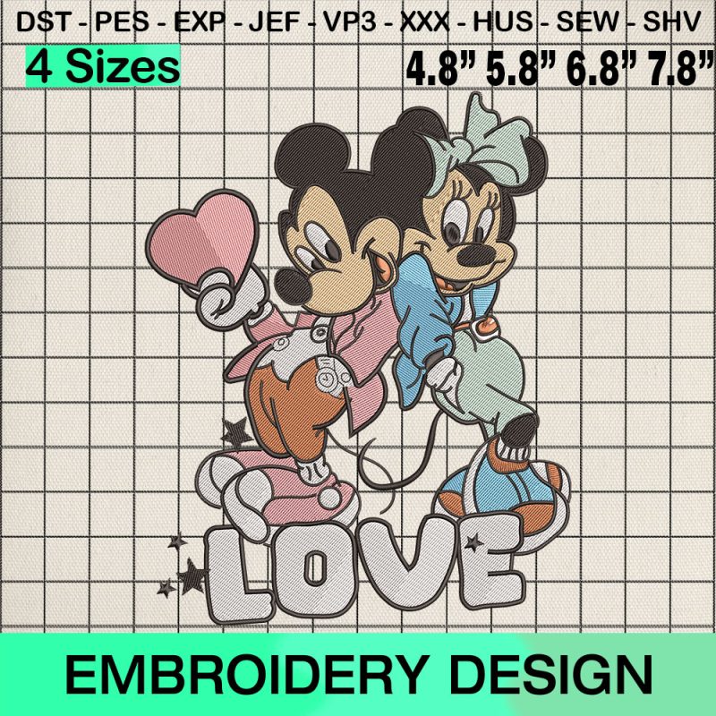 Love Disney Mickey Minnie Valentine Embroidery Design, Happy Valentine's Day Machine Embroidery Designs
