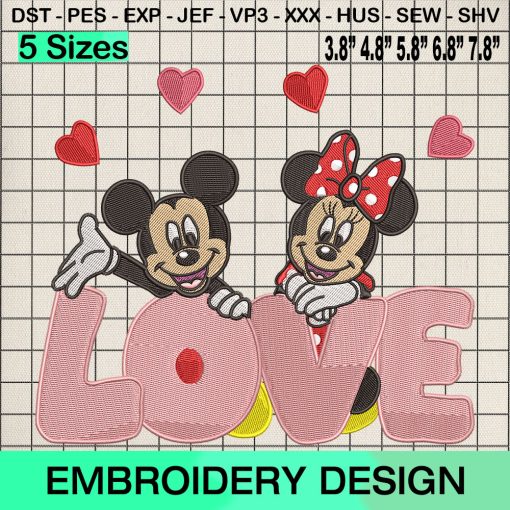 Love Mickey Minnie Files Embroidery Design, Disney Valentines Day Machine Embroidery Designs