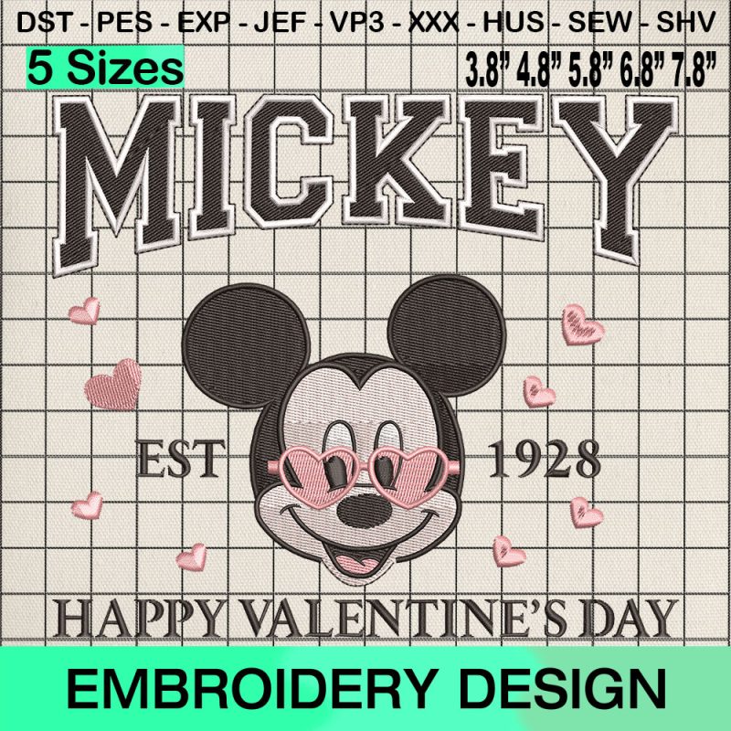 Mickey Est 1928 Valentine's Day Embroidery Design, Disney Valentines Embroidery Designs