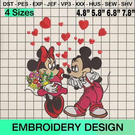 Mickey Love Minnie Valentines Day Embroidery Design, Valentine's Day Machine Embroidery Designs