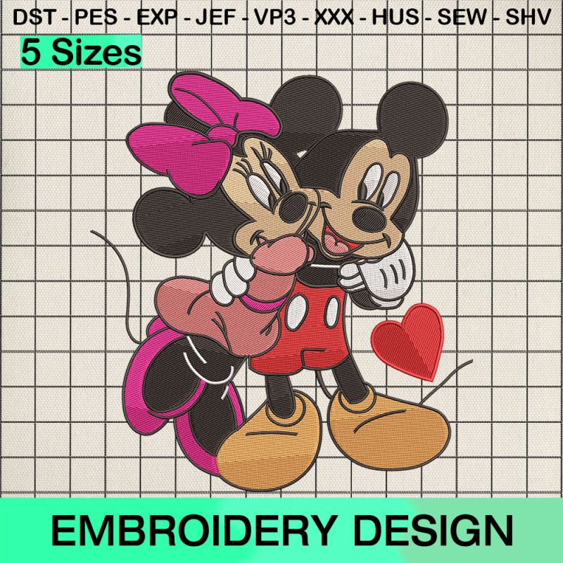 Mickey Minnie Valentine Embroidery Design, Disney Valentine Machine Embroidery Designs