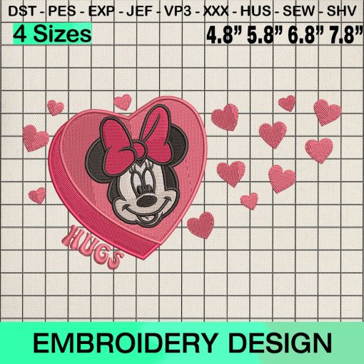 Minnie Mouse Heart Embroidery Design, Love Hugs Valentine Machine Embroidery Designs