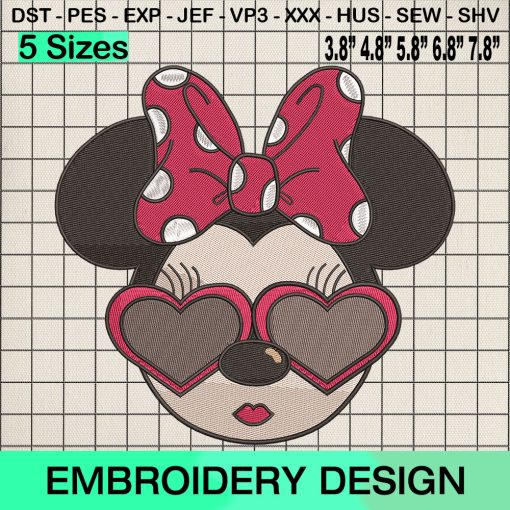 Minnie Mouse Heart Sunglasses Embroidery Design, Valentine's Day Machine Embroidery Designs