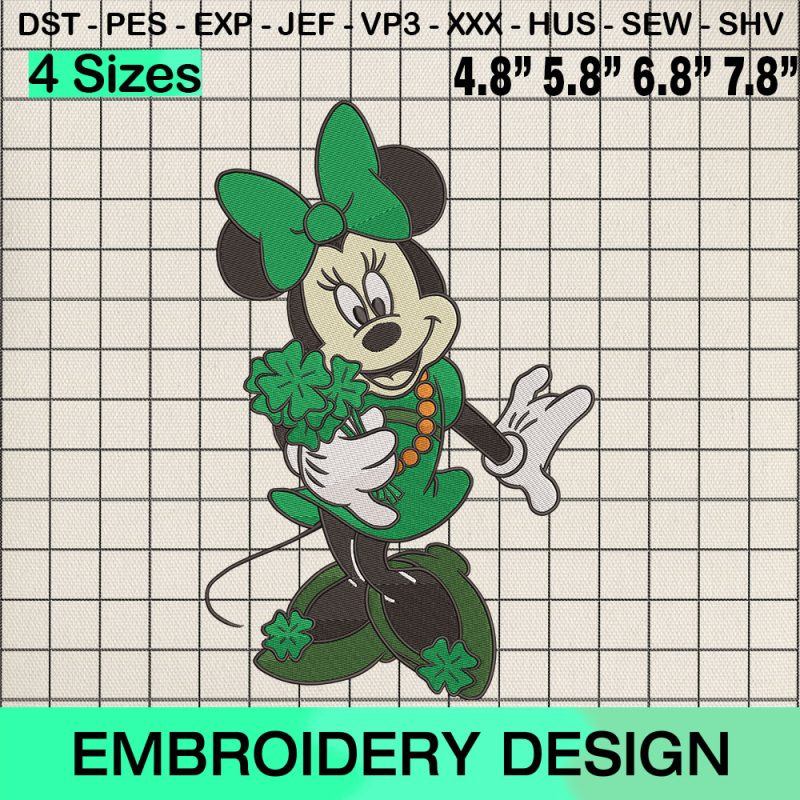 Minnie Mouse St Patricks Day Embroidery Design, Minnie Mouse Shamrock Clover Machine Embroidery Designs