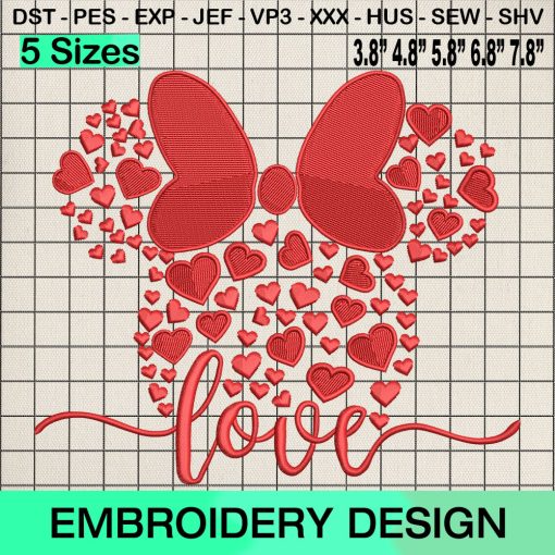 Minnie Mouse Valentine Head Files Embroidery Design, Disney Valentines Machine Embroidery Designs
