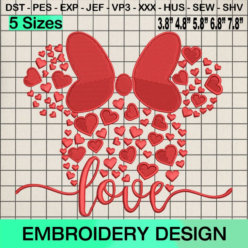 Minnie Mouse Valentine Head Files Embroidery Design, Disney Valentines Machine Embroidery Designs