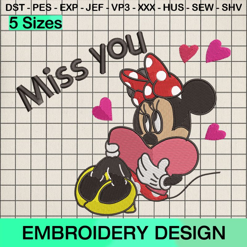 Miss You Minnie Mouse Embroidery Design, Valentine Minnie Hearts Machine Embroidery Designs