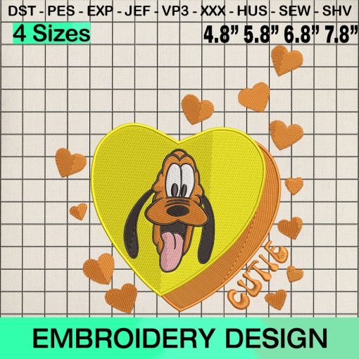 Pluto Dog Heart Embroidery Design, Cutie Valentine Machine Embroidery Designs