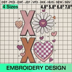 Retro Xoxo Valentine's Day Embroidery Design, Happy Valentine Day Machine Embroidery Designs
