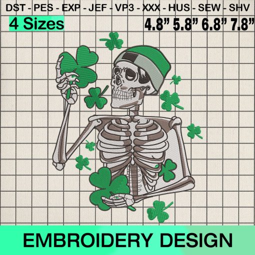Skeleton St. Patrick's Day Embroidery Design, Lucky Skeleton Machine Embroidery Designs