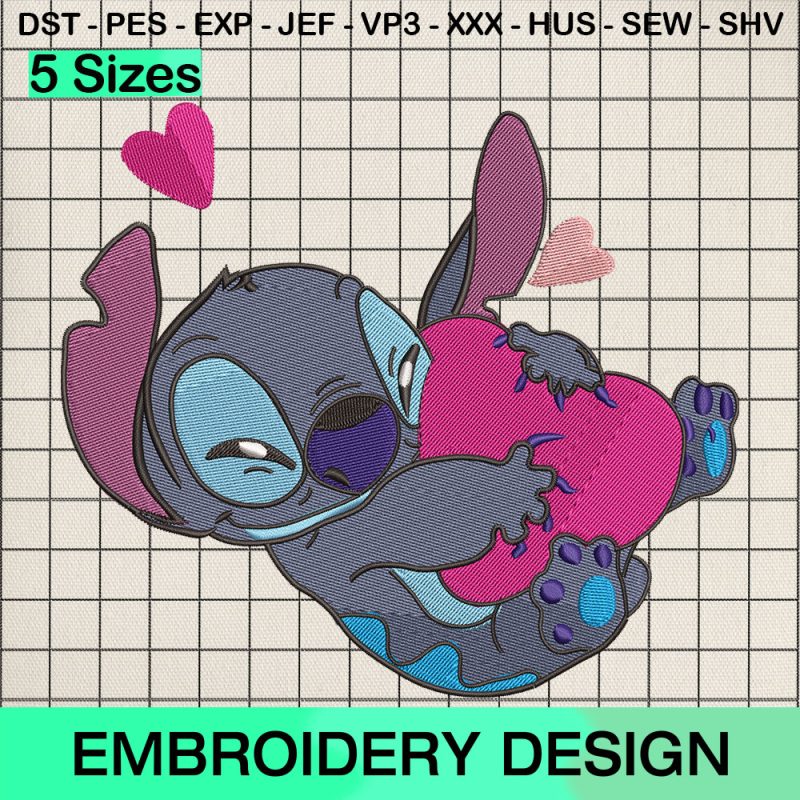 Stitch Huggging Heart Embroidery Design, Love Disney Stitch Machine Embroidery Designs