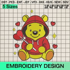 Winnie the Pooh Candy Heart Embroidery Design, Valentine's Day Machine Embroidery Designs