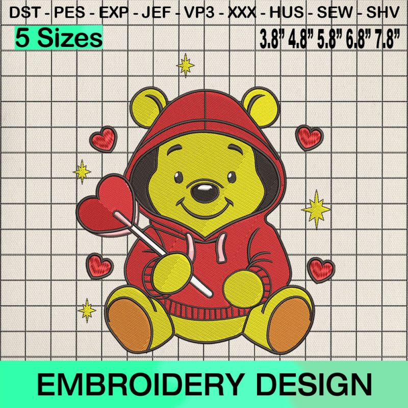 Winnie the Pooh Candy Heart Embroidery Design, Valentine's Day Machine Embroidery Designs