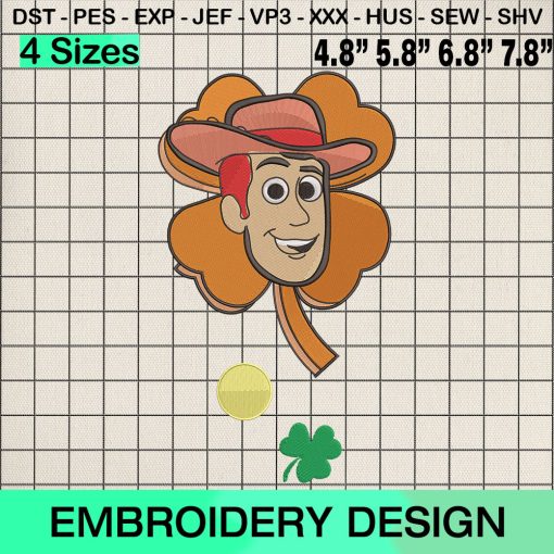 Woody Lucky Clover Embroidery Design, Toy Story St Patricks Day Machine Embroidery Designs